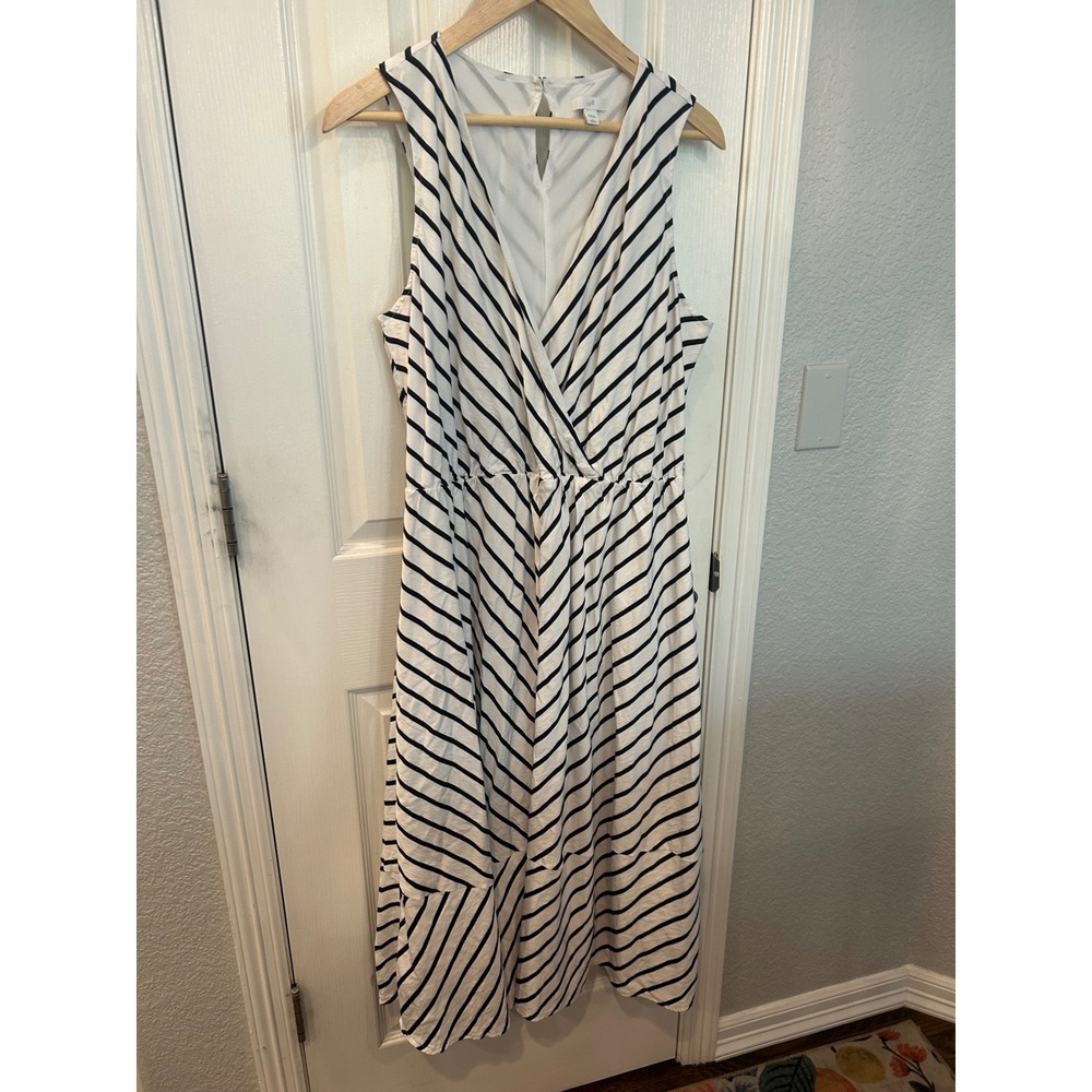 J. Jill Midi White Navy Striped V-Neck‎ Sleeveless Petite Large Casual Summer